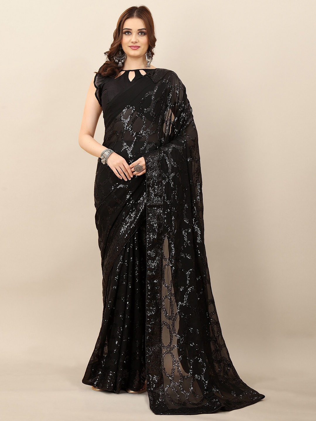 

Mitera Embellished Sequinned Pure Georgette Saree, Black