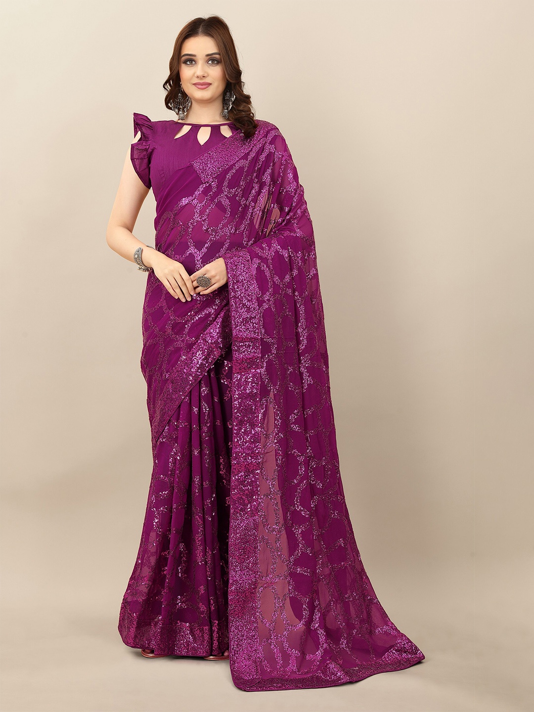 

Mitera Embellished Sequinned Pure Georgette Saree, Purple