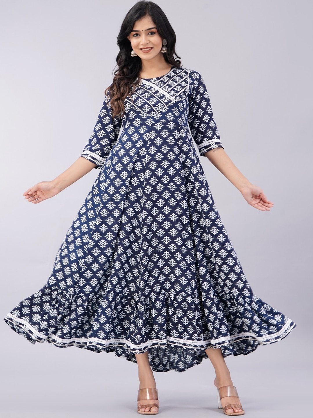 

Sanganeri Kurti Floral Printed A-Line Kurta, Blue