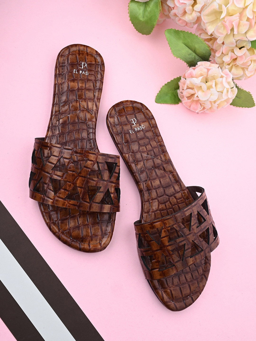 

El Paso Textured Open Toe Flats With Laser Cuts, Brown