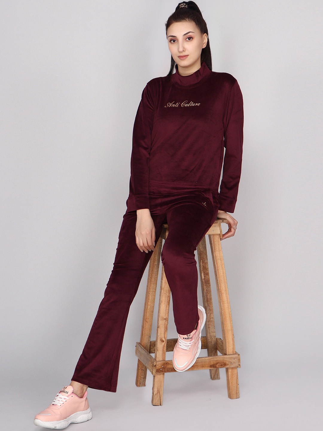 

ANTI CULTURE Women Typography Printed Tracksuit, Maroon
