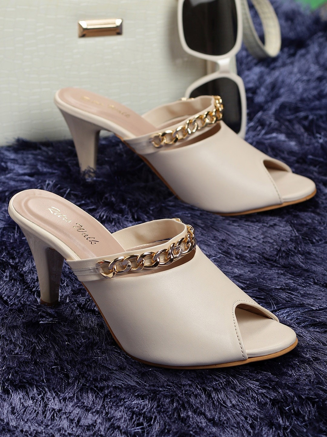 

Retro Walk Embellished Peep Toe Kitten Heel Mules, Cream