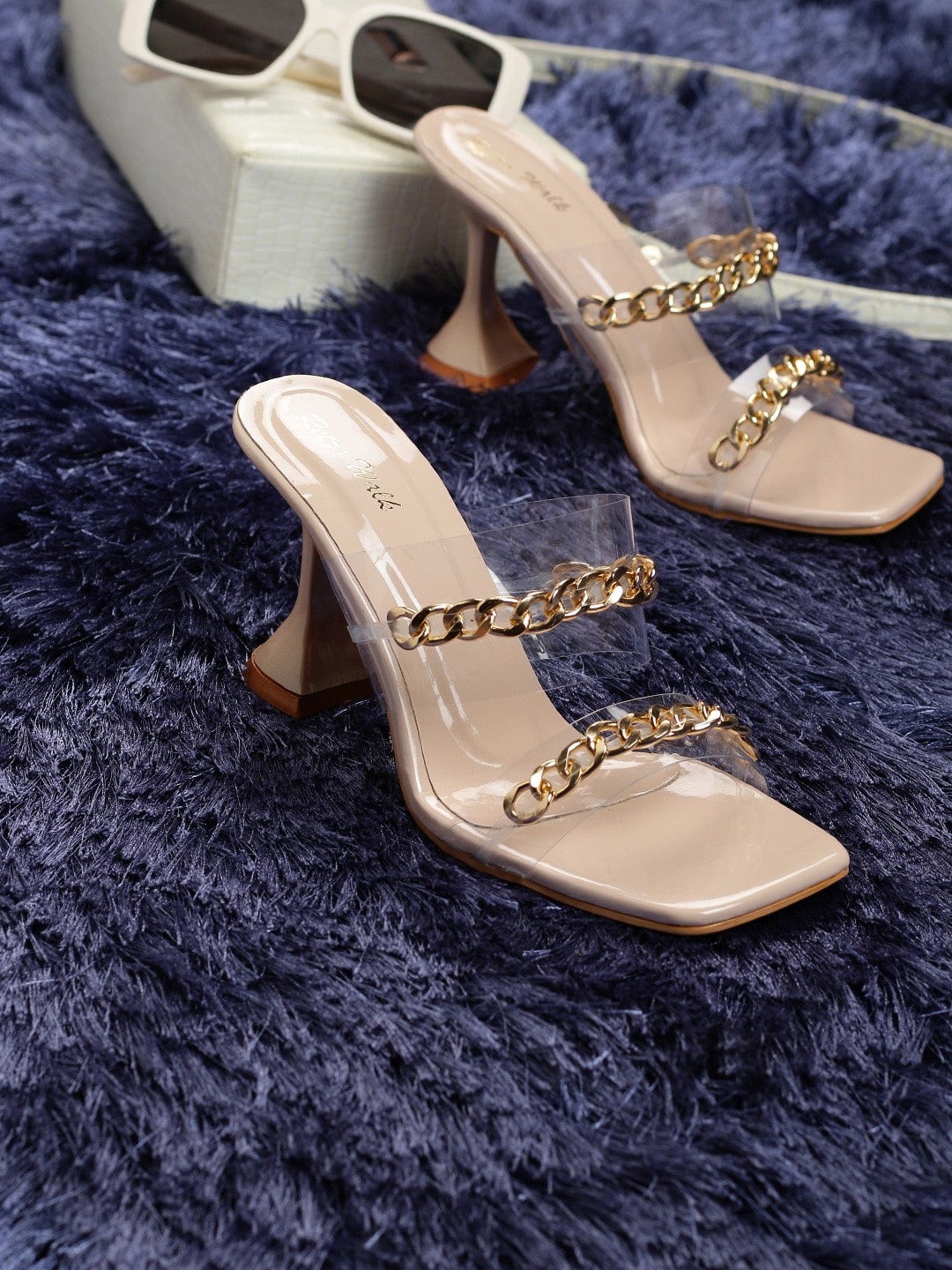 

Retro Walk Embellished Open Toe Block Heels, Cream