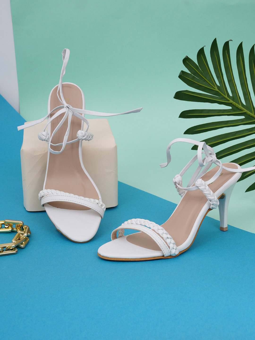 

Retro Walk Braided Strap Open Toe Slim Heels, White