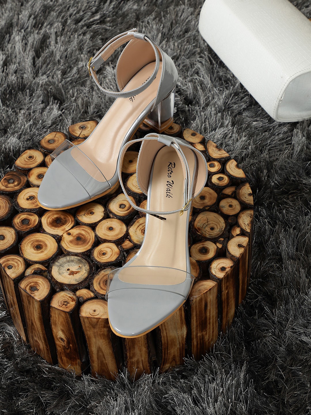 

Retro Walk Open Toe Block Heels With Ankle Loop, Grey