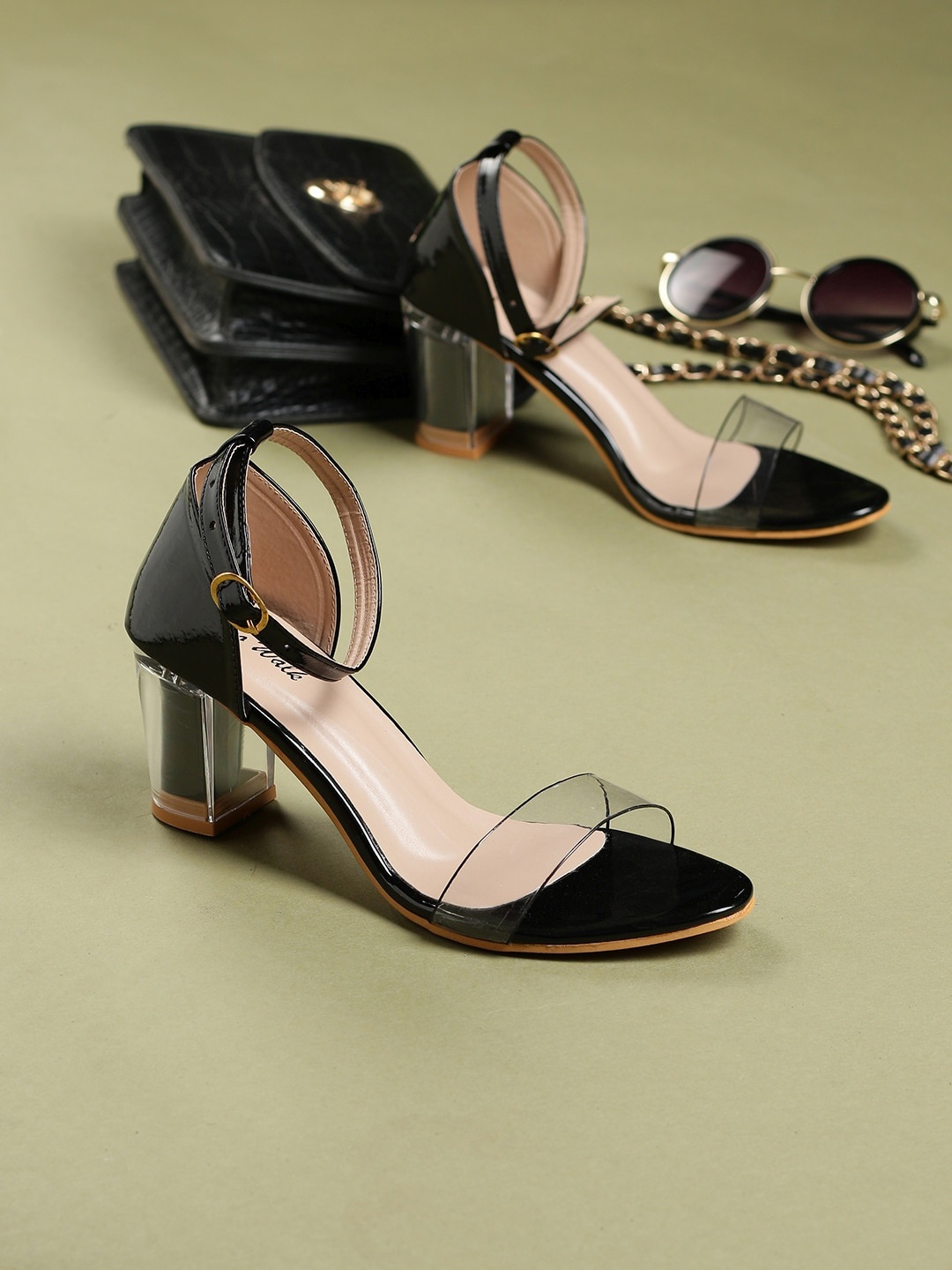 

Retro Walk Open Toe Block Heels With Ankle Loop, Black