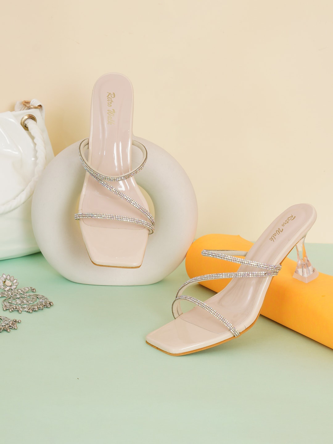 

Retro Walk Open Toe Embellished Block Heels, Cream