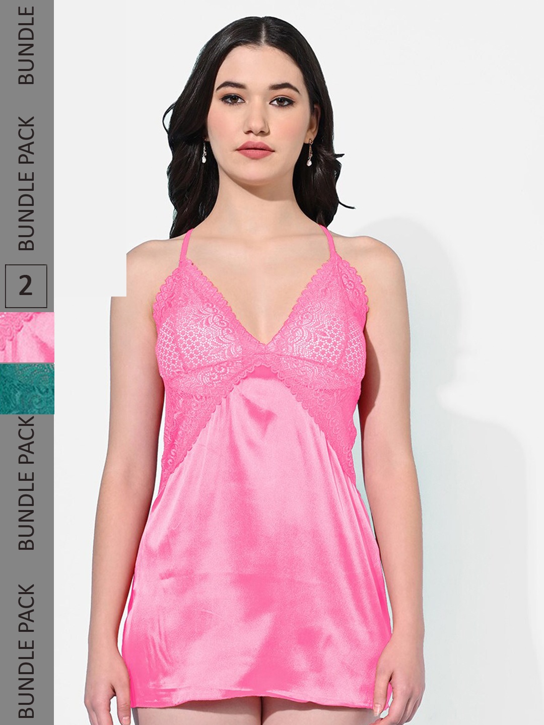

StyFun Set Of 2 V-Neck Satin Baby Dolls, Pink
