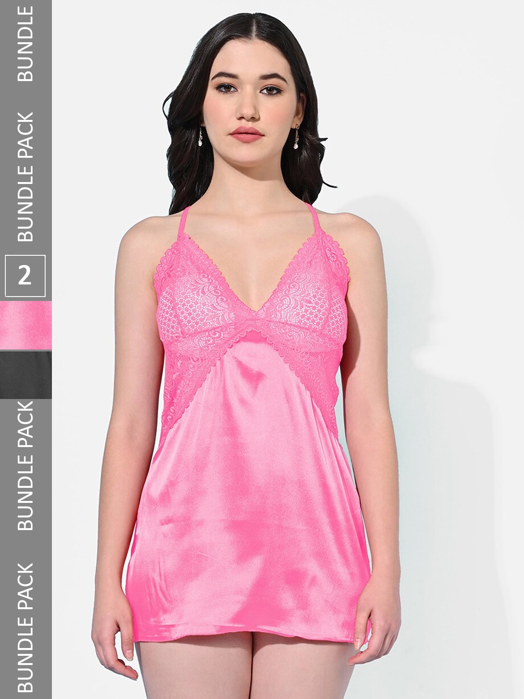 

StyFun Set Of 2 V-Neck Satin Baby Dolls, Pink