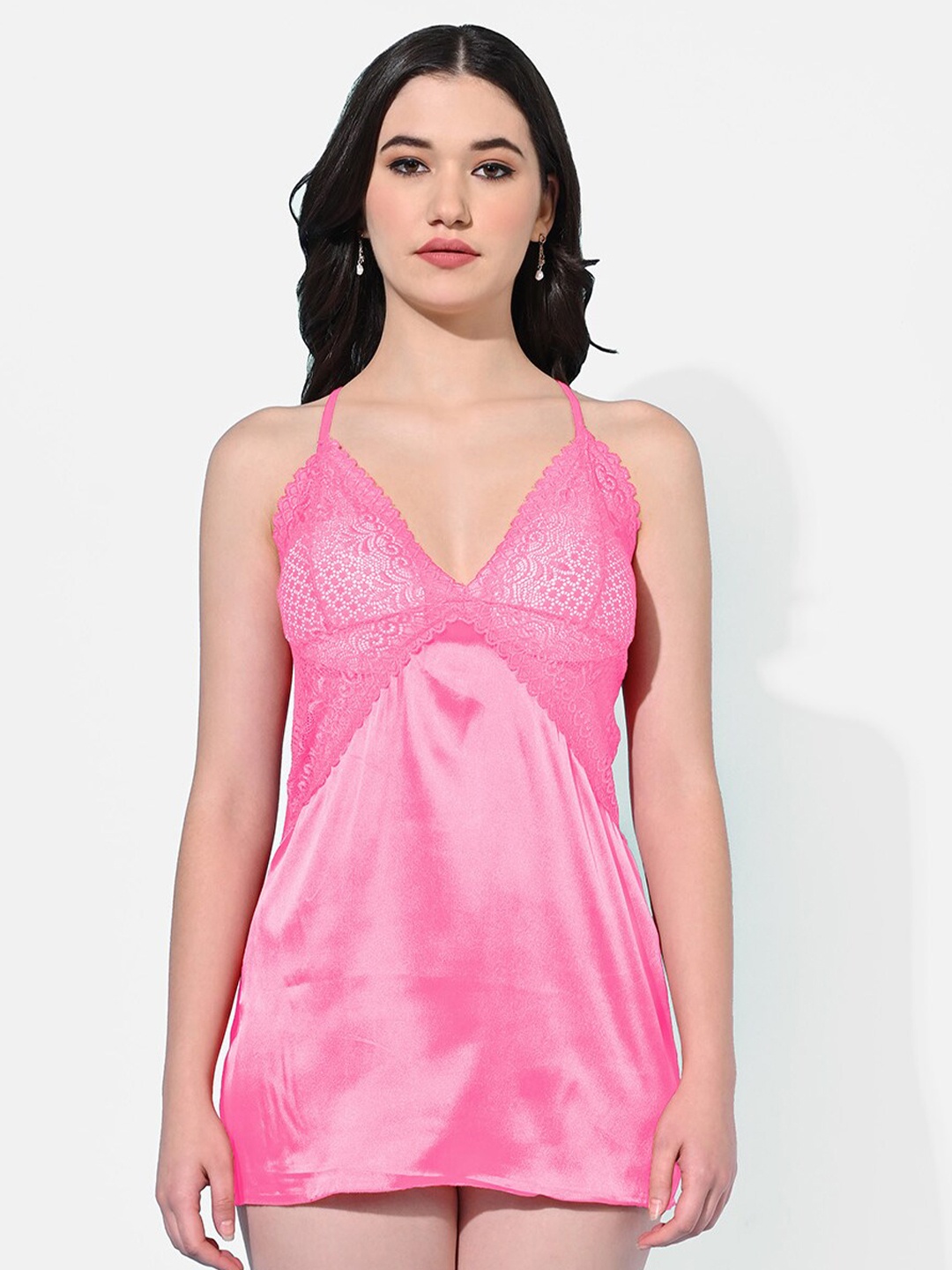 

StyFun V-Neck Satin Baby Doll, Pink
