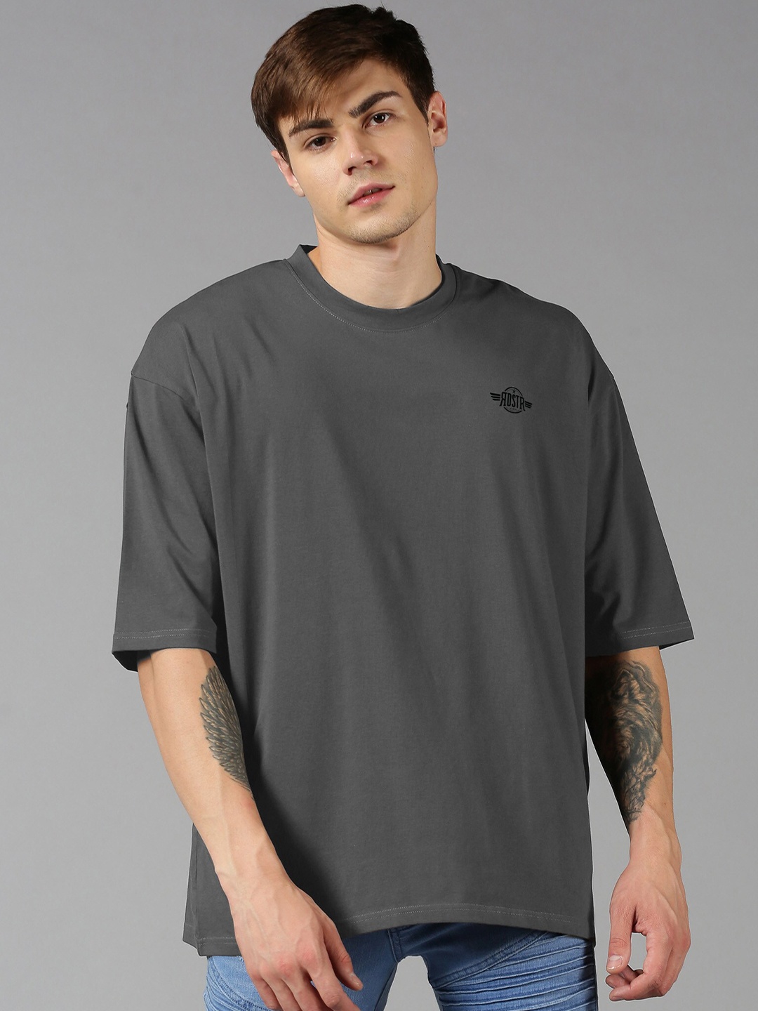 

Roadster Grey Graphic Printed Pure Cotton Oversized T-shirt