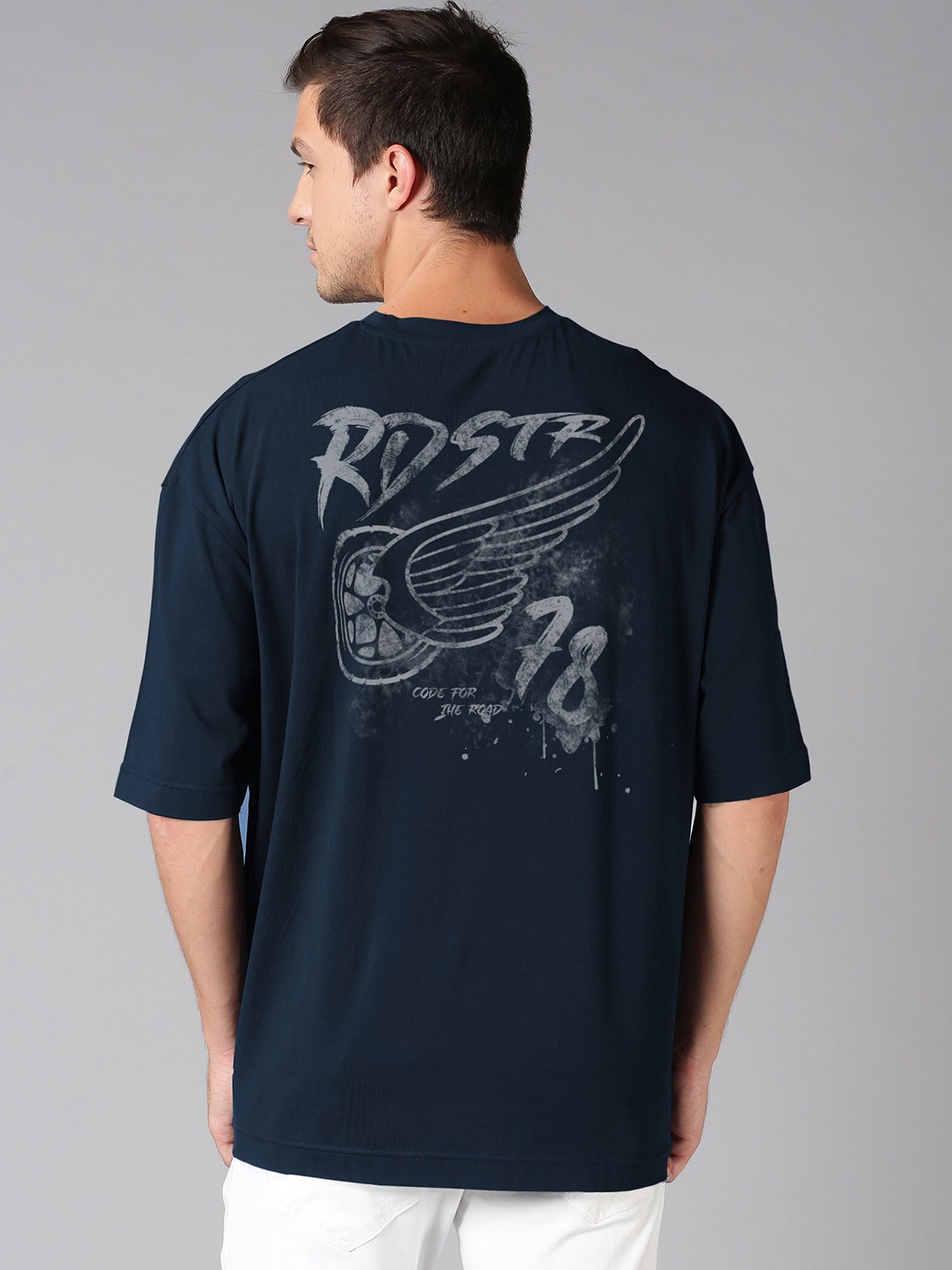 

Roadster Navy Blue Graphic Printed Pure Cotton Oversized T-shirt