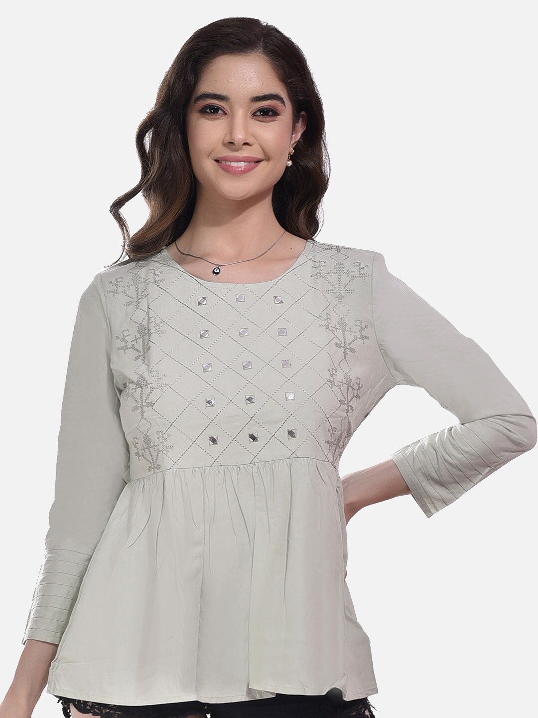 

StyFun Ethnic Motifs Embroidered Gathered Or Pleated Cotton A-Line Top, Grey