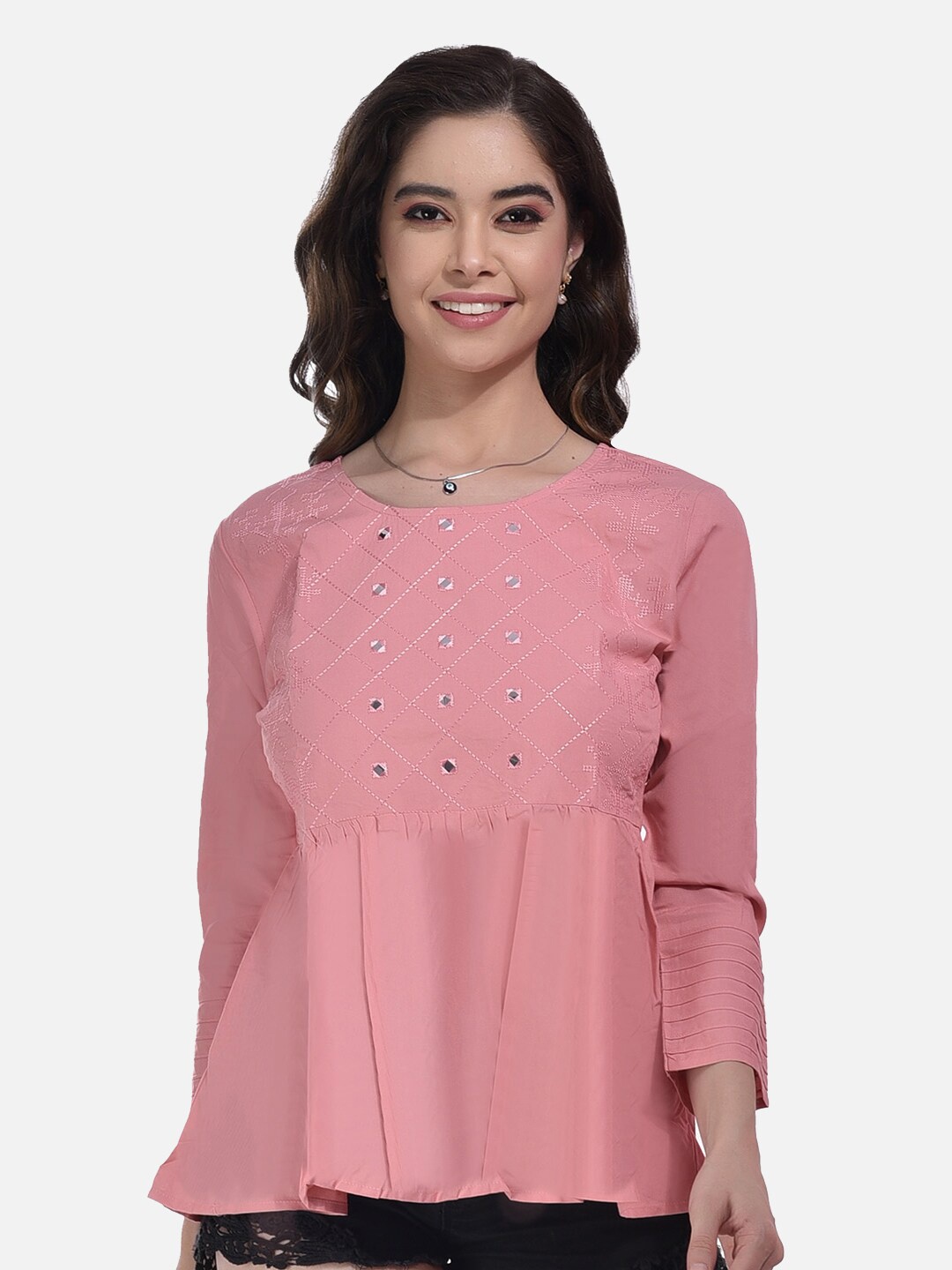 

StyFun Ethnic Motifs Embroidered Gathered Or Pleated Cotton A-Line Top, Pink