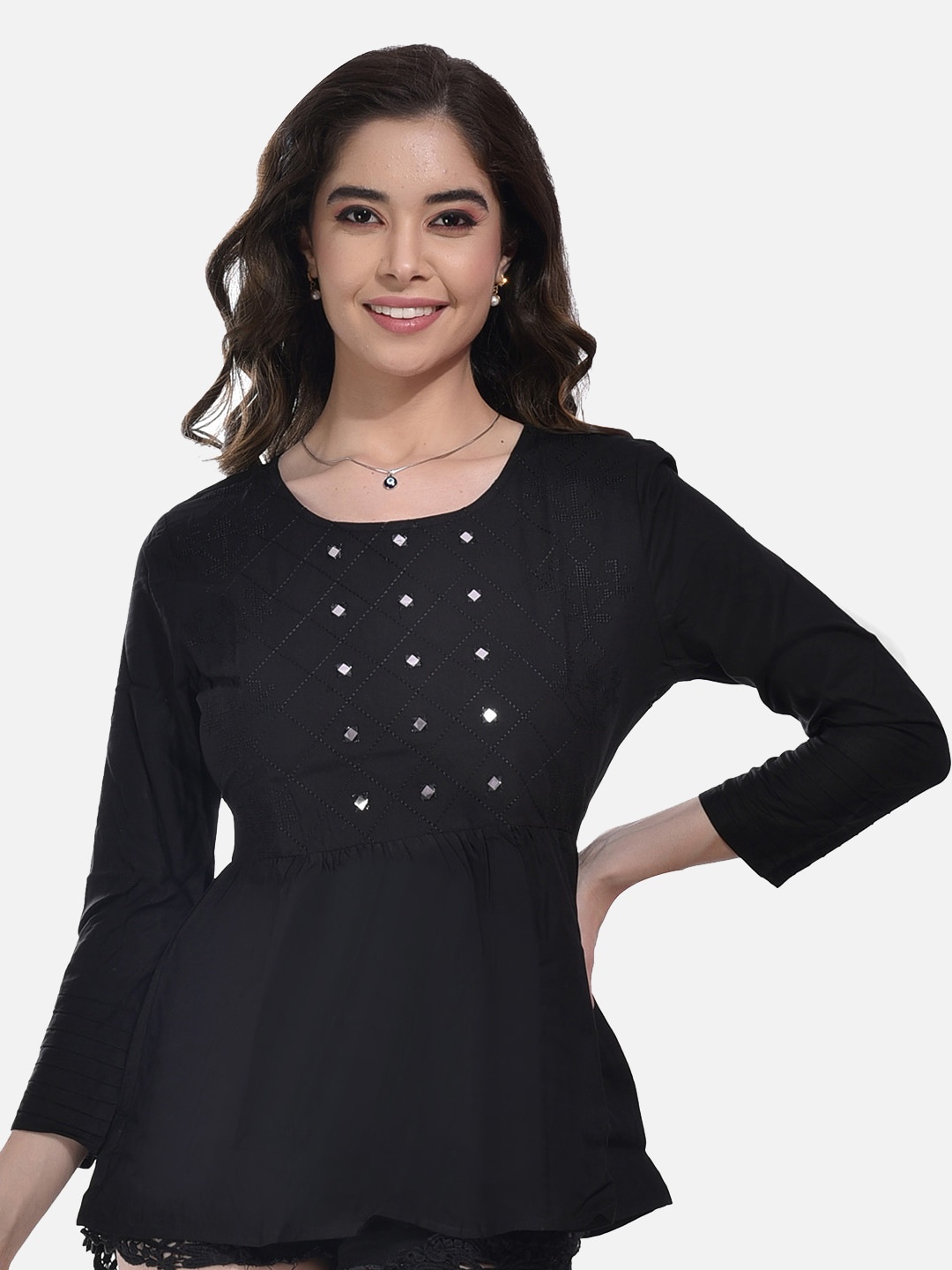 

StyFun Ethnic Motifs Embroidered Gathered Or Pleated Cotton A-Line Top, Black