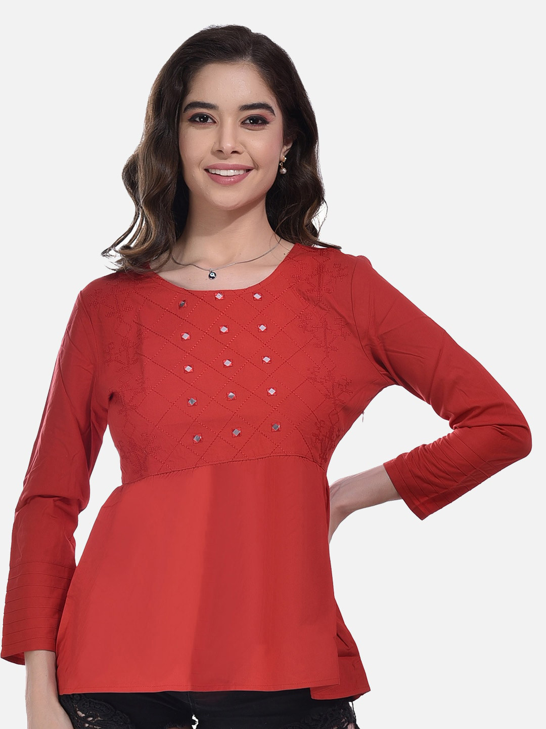 

StyFun Ethnic Motif Embroidered Cotton Top, Red