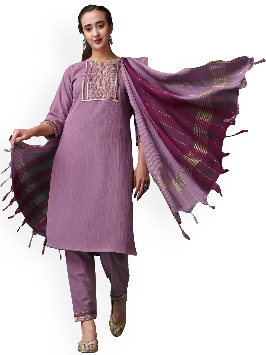 

FAVRIZ Ethnic Motifs Yoke Design Regular Kurta With Pyjamas & Dupatta, Purple