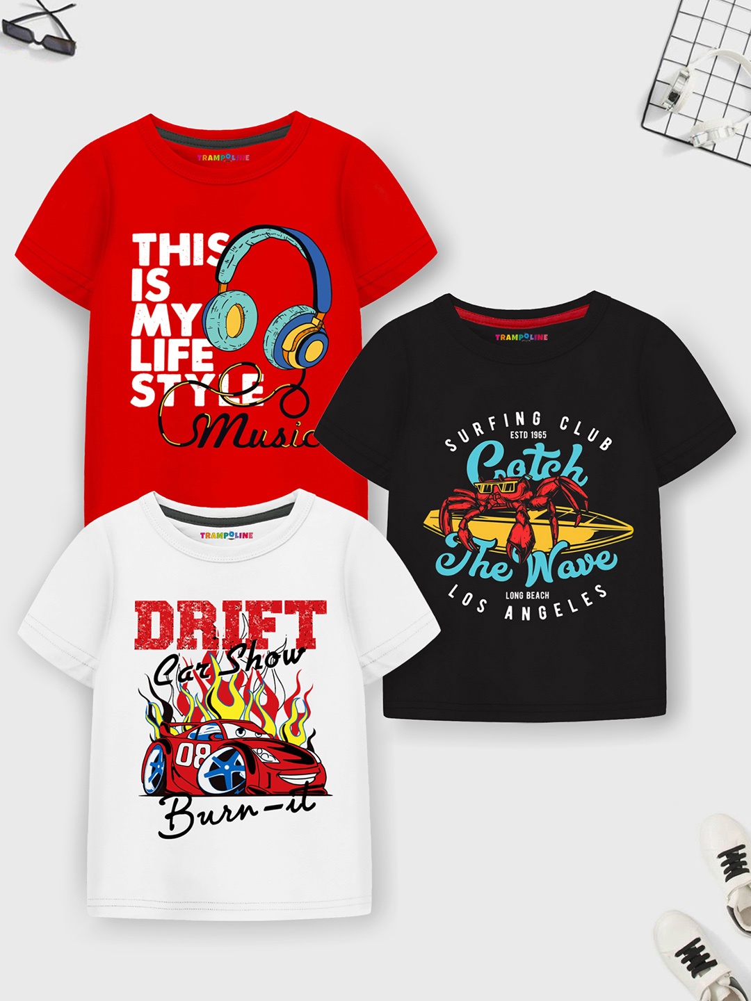 

Trampoline Boys Pack Of 3 Printed Round Neck T-shirt, Red