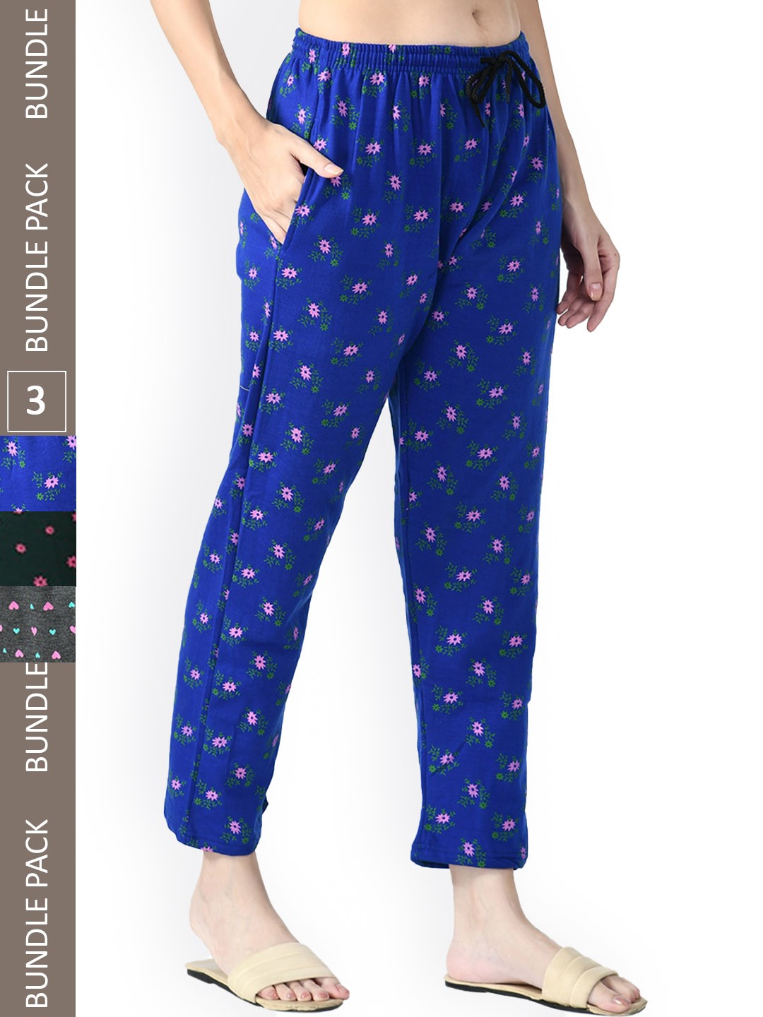 

IndiWeaves Women Pack Of 3 Printed Fleece Lounge Pants, Blue