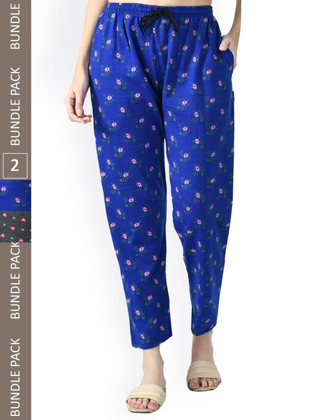 

IndiWeaves Women Pack Of 2 Printed Mid-Rise Fleece Lounge Pants, Blue
