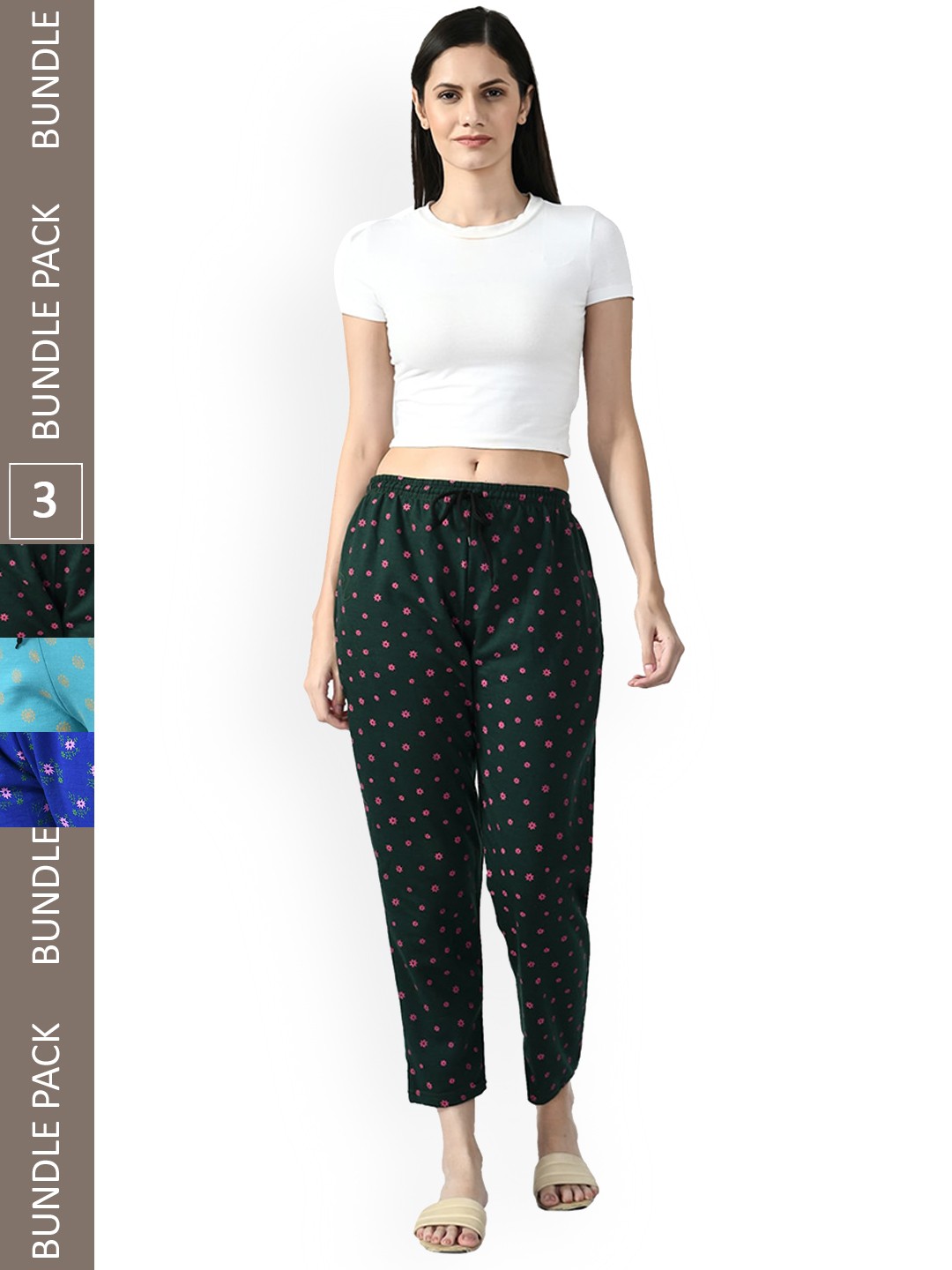 

IndiWeaves Women Pack Of 3 Printed Lounge Pants, Green