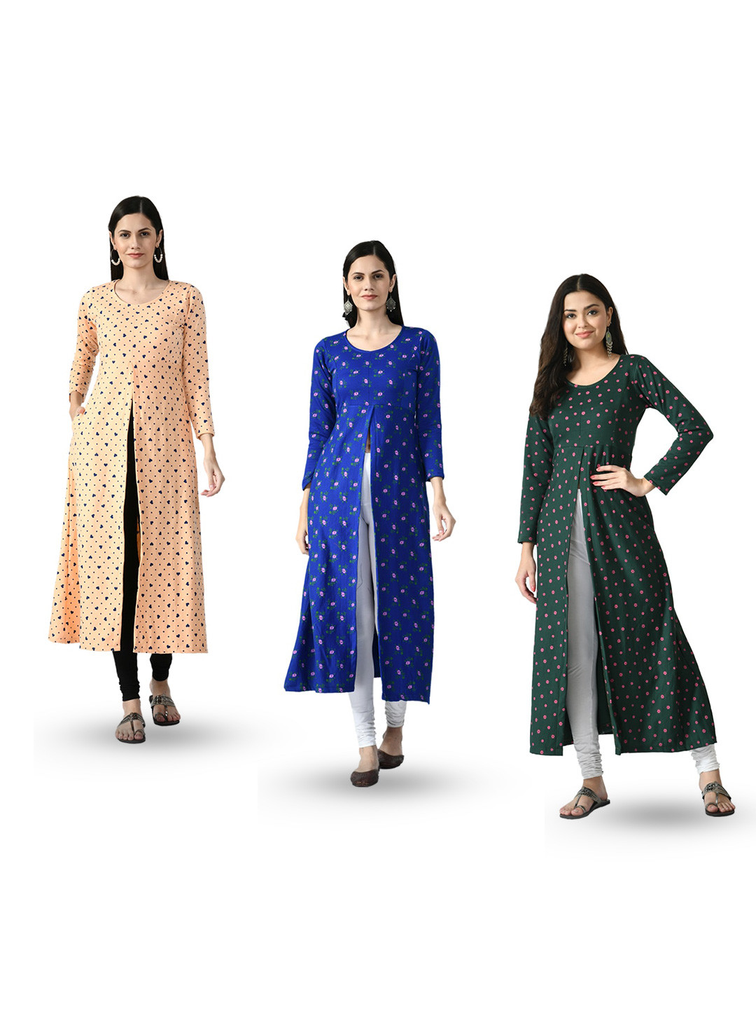 

IndiWeaves Selection Of 3 Printed Round Neck A-Line Kurta, Blue