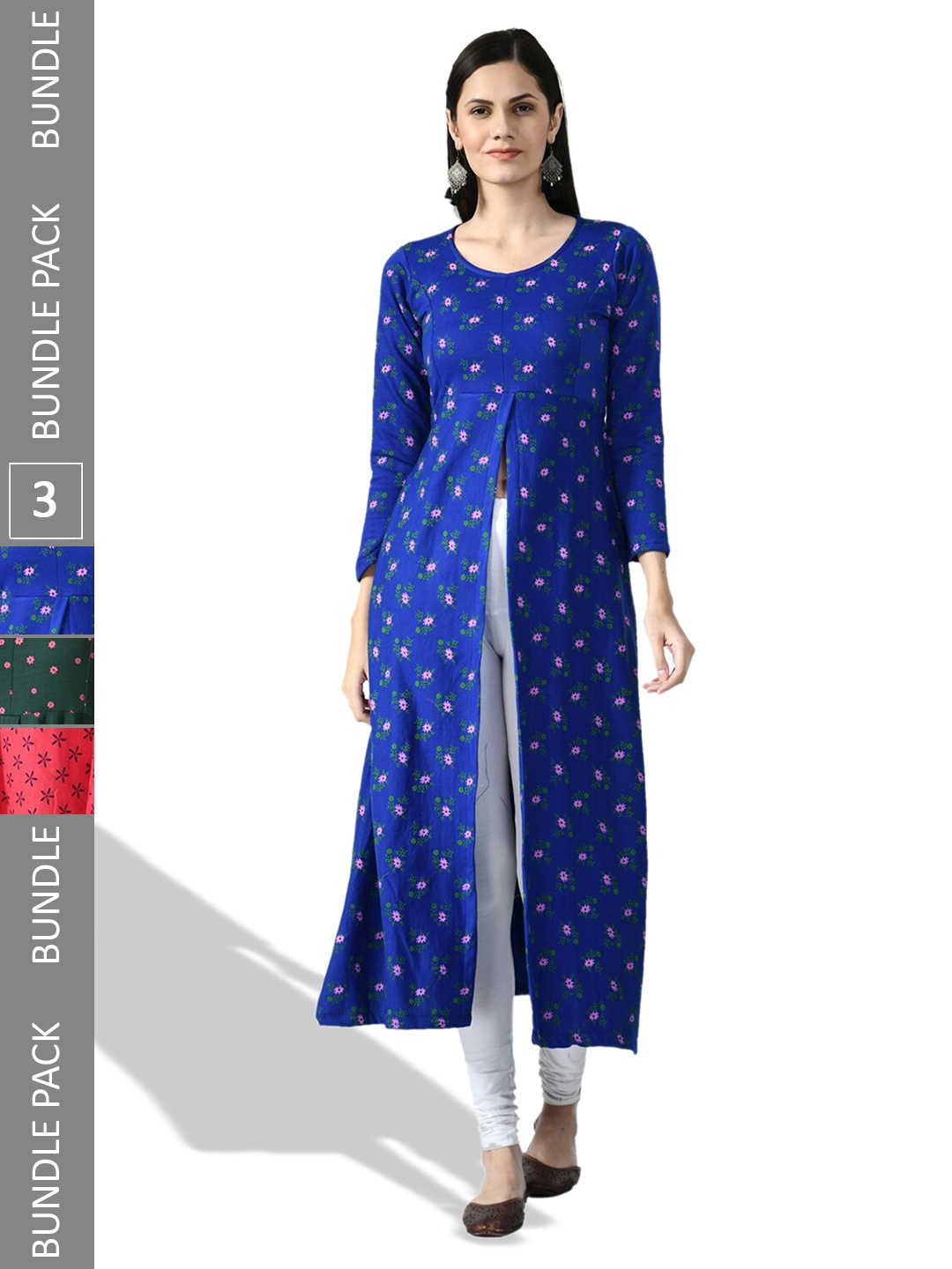 

IndiWeaves Pack of 3 Floral Printed Woollen A-Line Kurtas, Blue