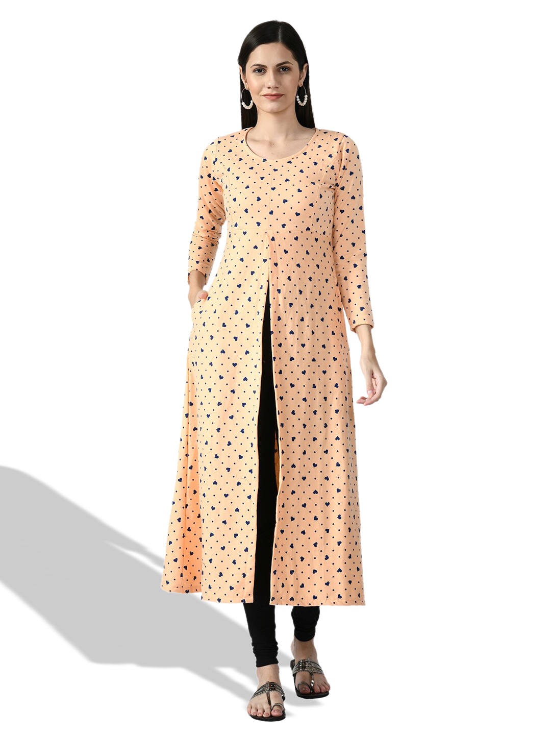 

IndiWeaves Floral Printed Woollen A-Line Kurtas, Peach