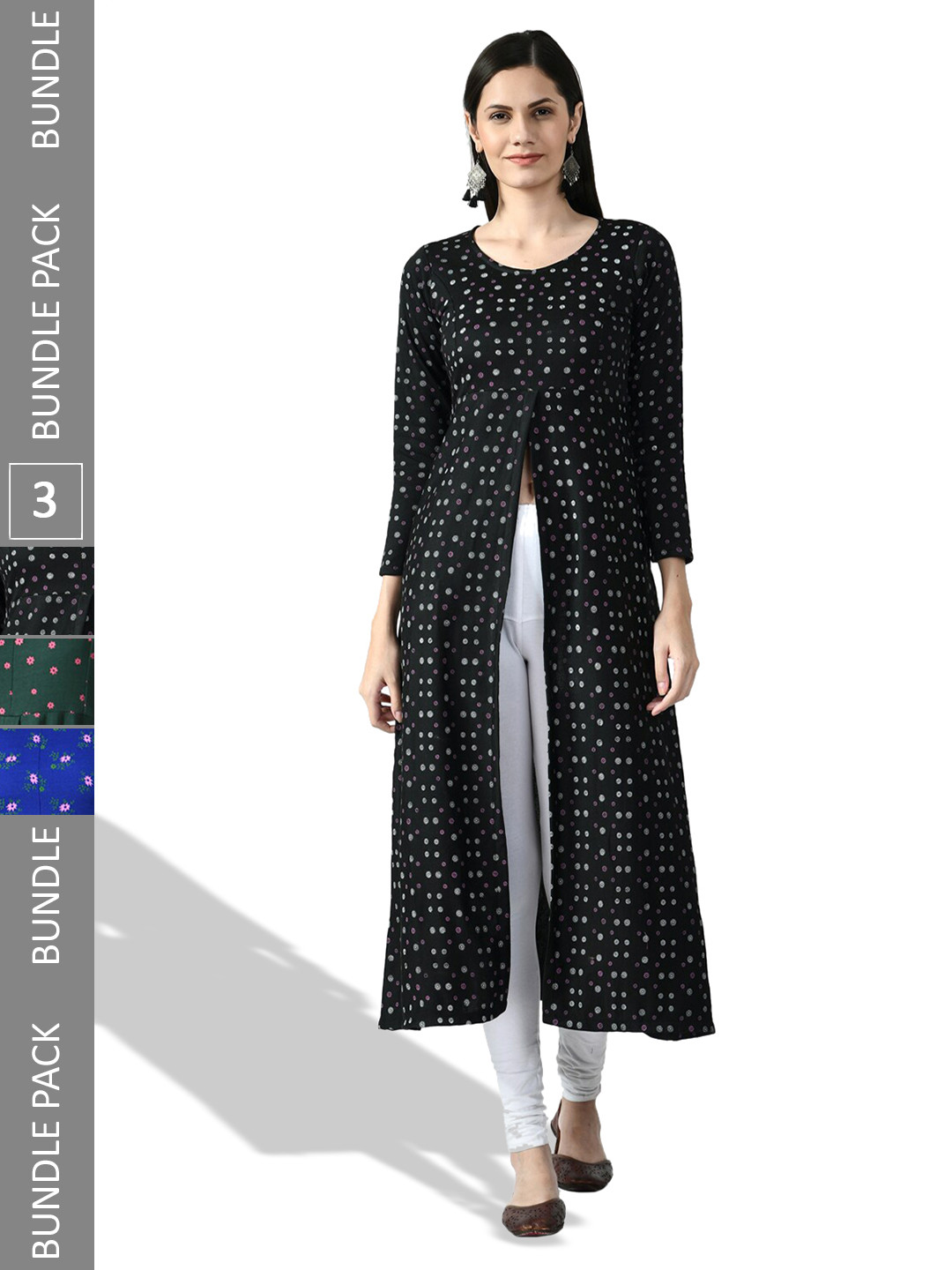 

IndiWeaves Pack of 3 Printed Woollen A-Line Kurtas, Black