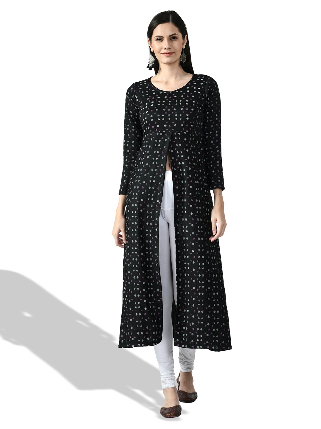 

IndiWeaves Geometric Printed Woollen A-Line Kurtas, Black