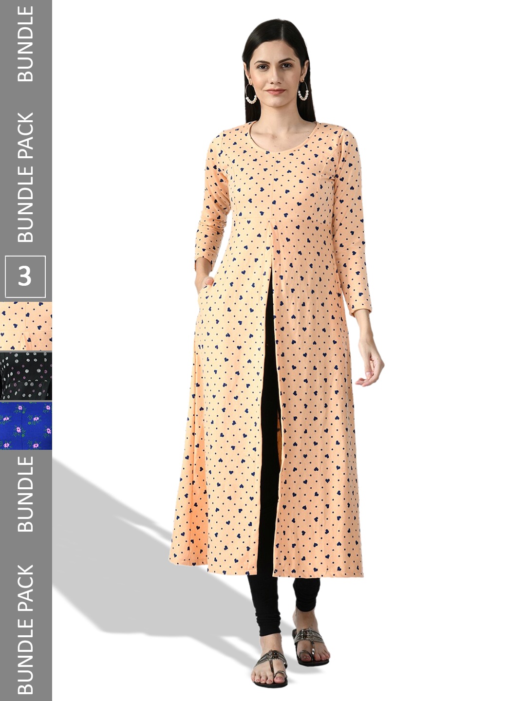 

IndiWeaves Pack of 3 Printed Woollen A-Line Kurtas, Peach