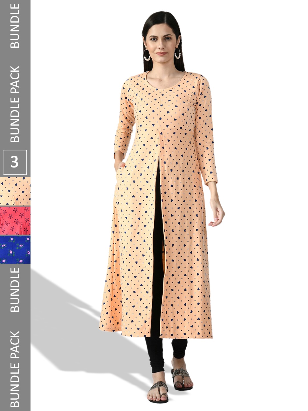 

IndiWeaves Pack of 3 Printed Woollen A-Line Kurtas, Peach