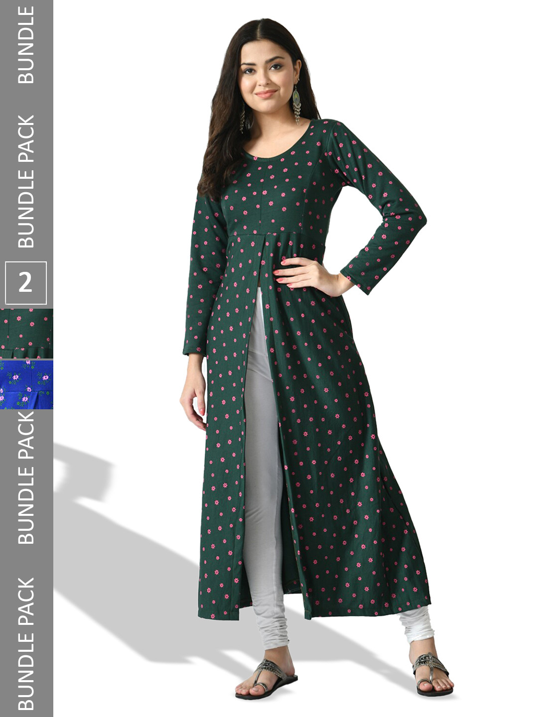 

IndiWeaves Pack of 2 Geometric Printed Woollen A-Line Kurtas, Green