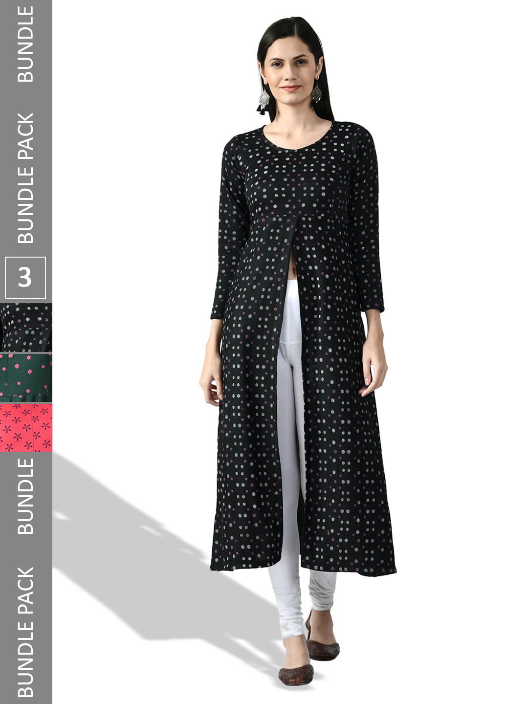 

IndiWeaves Pack of 3 Printed Woollen A-Line Kurtas, Black