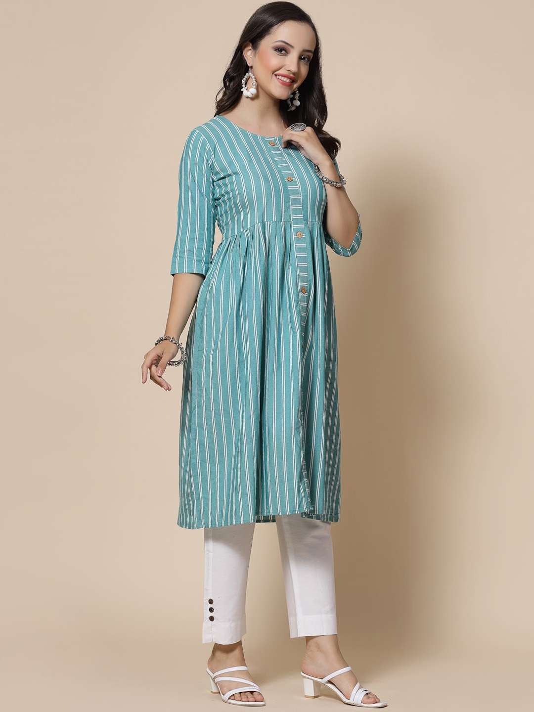 

KALINI Striped Pure Cotton A-Line Kurta, Green