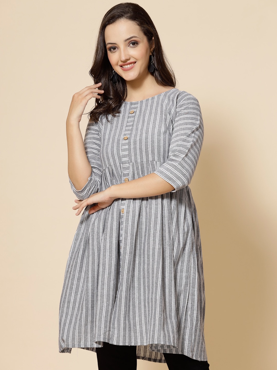 

KALINI Vertical Striped Cotton Kurta, Grey