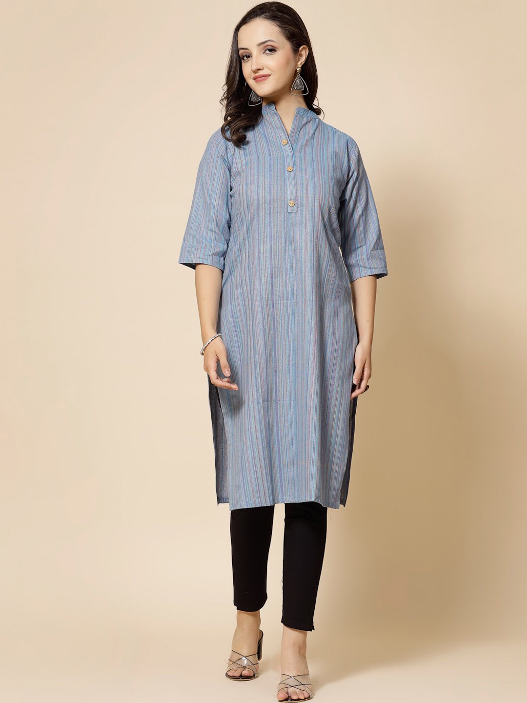 

KALINI Vertical Striped Mandarin Collar Cotton Kurta, Navy blue
