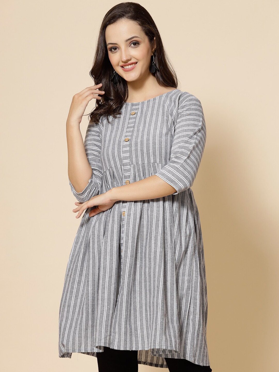 

KALINI Striped Round Neck Cotton Tunics, Grey
