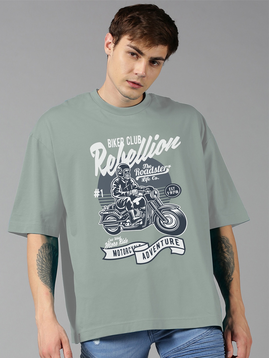 

Roadster Grey Graphic Printed Pure Cotton Oversized Tshirt