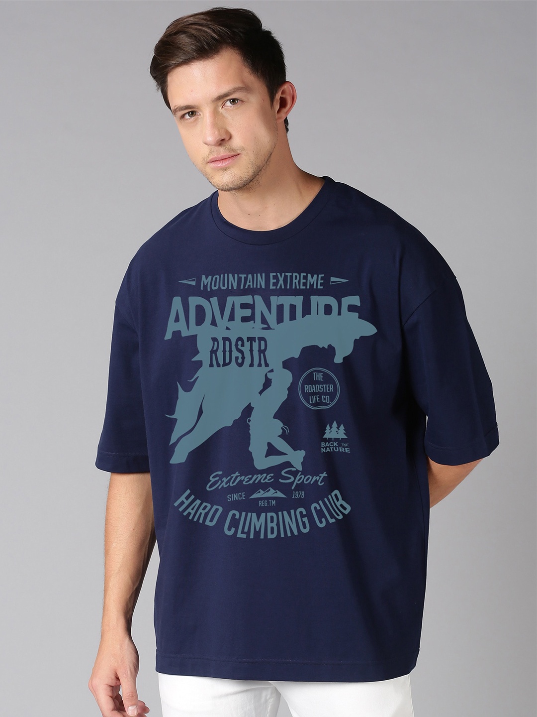 

Roadster Navy Blue Typography Printed Pure Cotton Oversized Tshirt