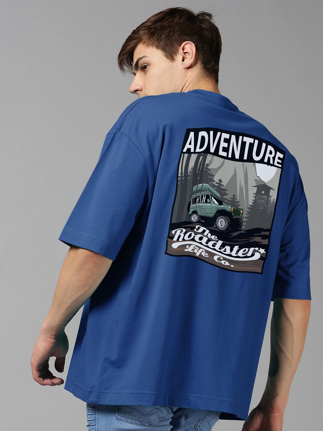 

Roadster Blue Graphic Printed Pure Cotton Oversized Tshirt, Navy blue