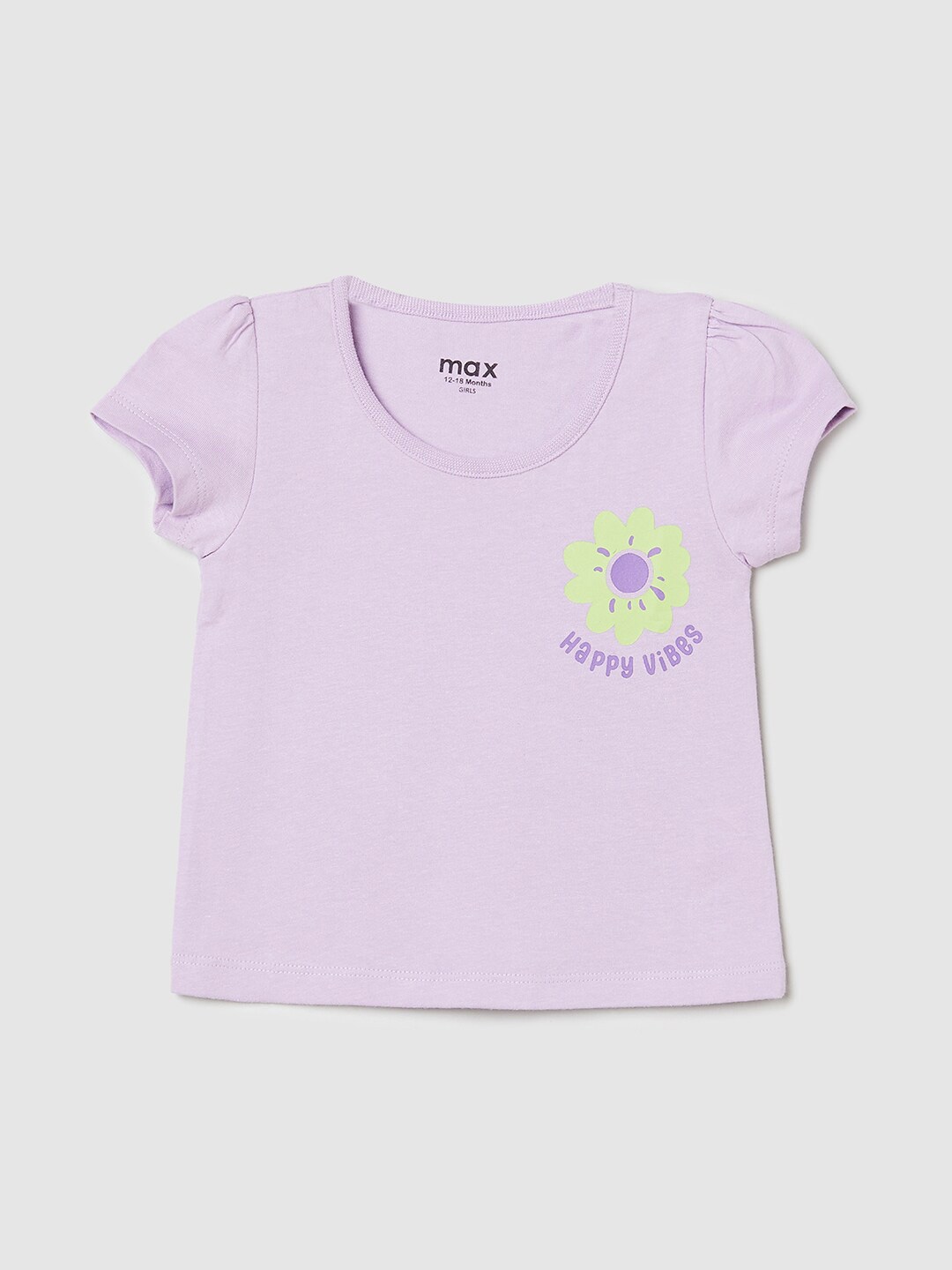 

max Girls Graphic Printed Puff Sleeves Pure Cotton T-shirt, Purple