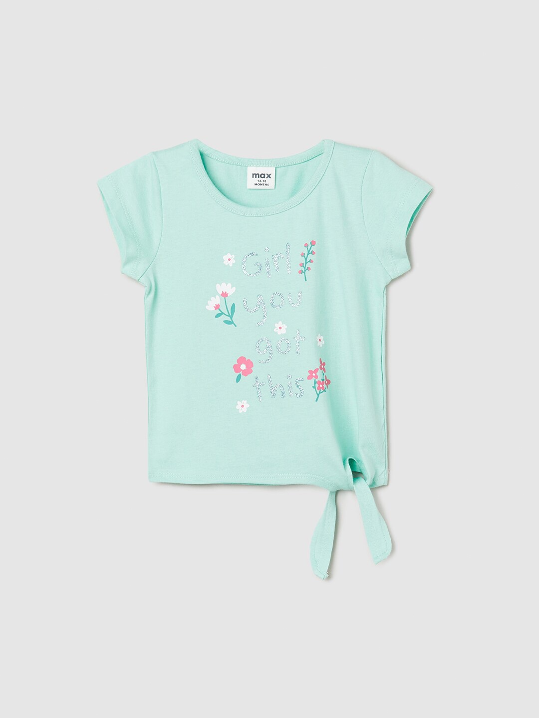

max Girls Floral Printed Cap Sleeves Pure Cotton T-shirt, Green