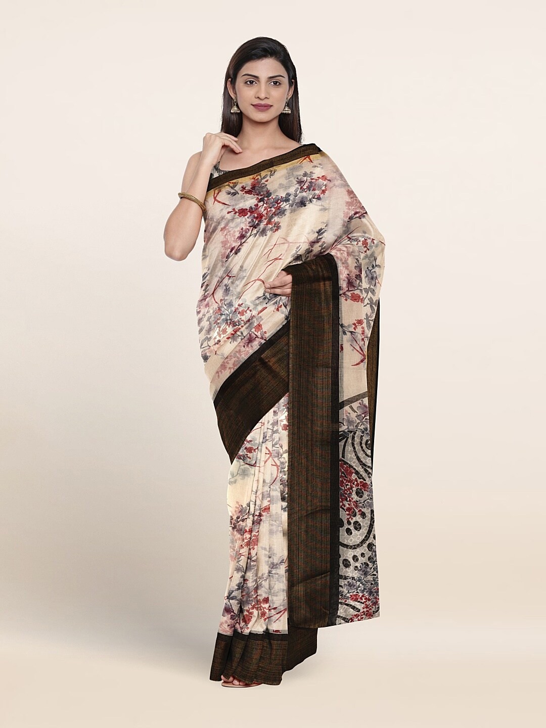 

Pothys Floral Printed Zari Saree, Cream