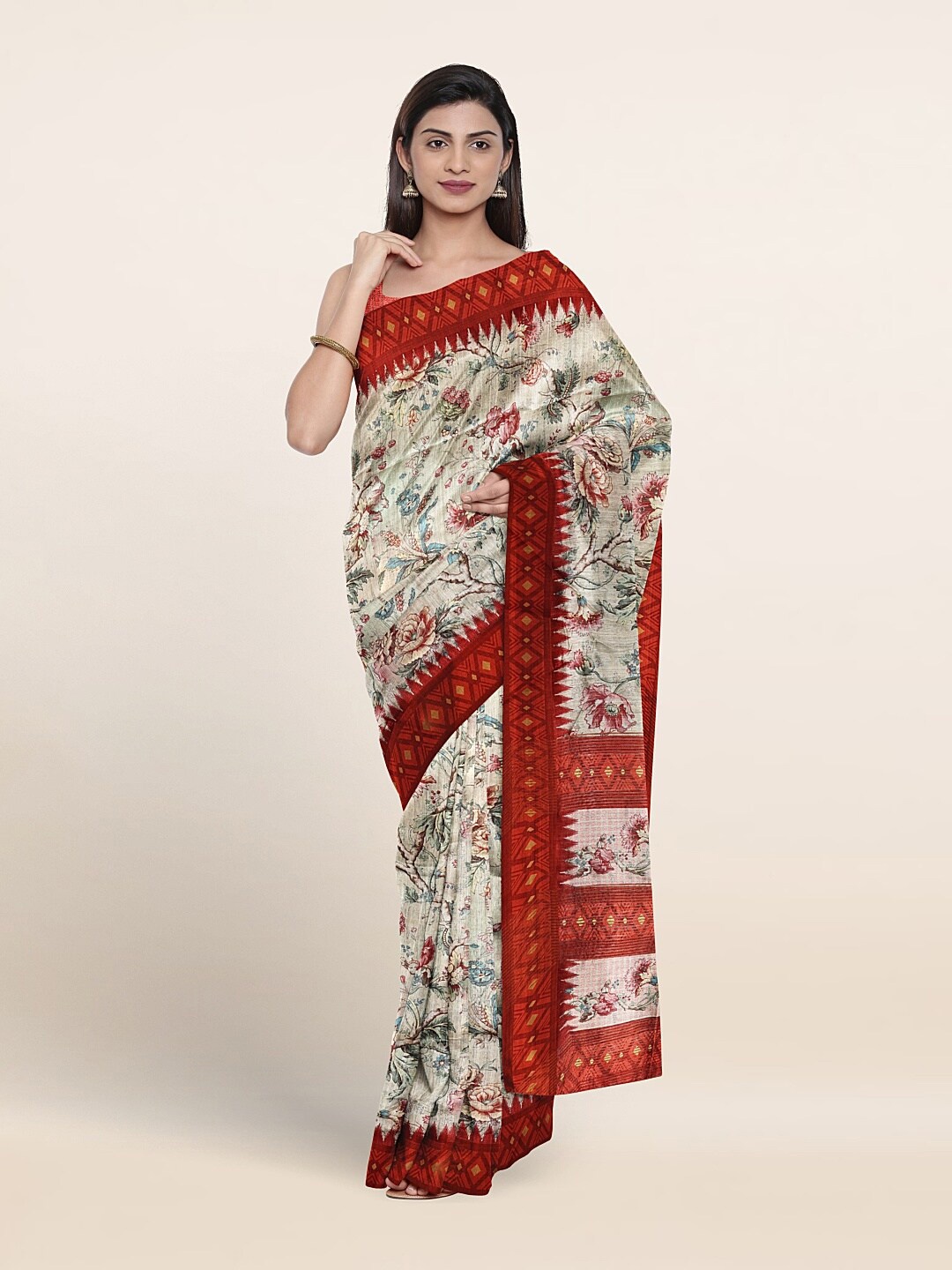 

Pothys Floral Printed Jute Silk Saree, Red