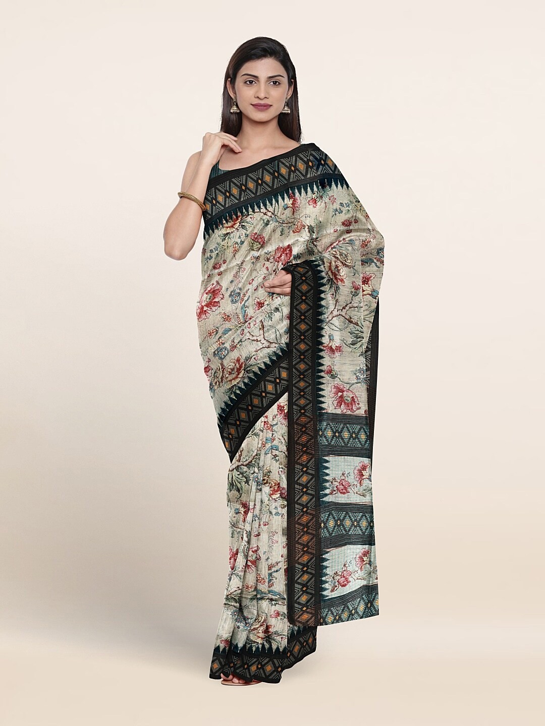 

Pothys Floral Printed Jute Silk Saree, White