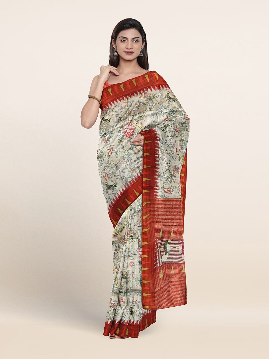 

Pothys Floral Printed Jute Silk Saree, Red