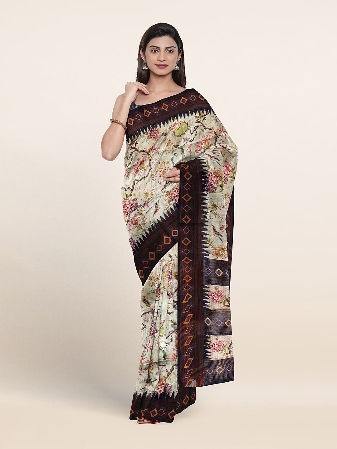 

Pothys Floral Printed Jute Silk Saree, Beige