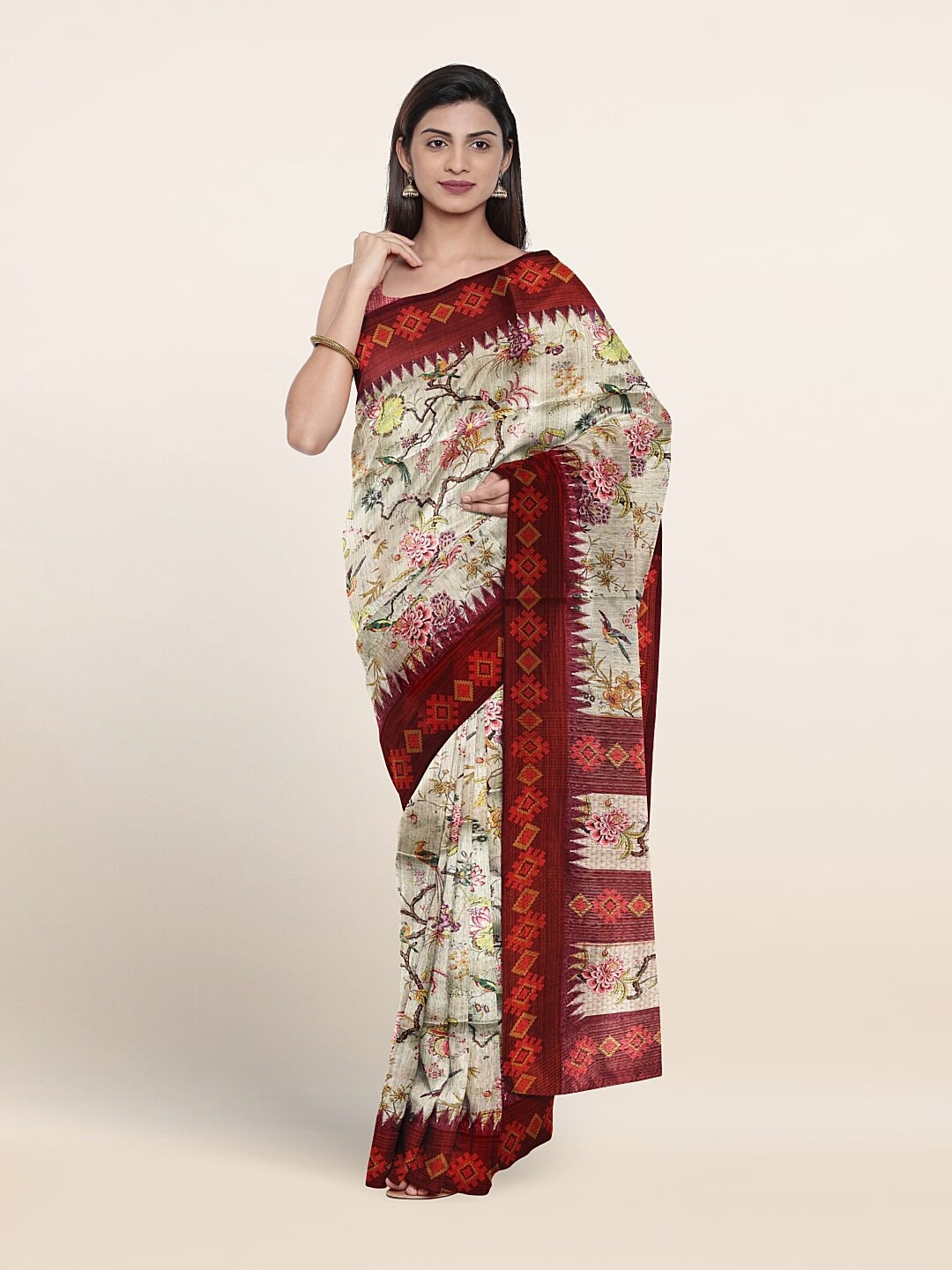 

Pothys Floral Printed Jute Silk Saree, Beige