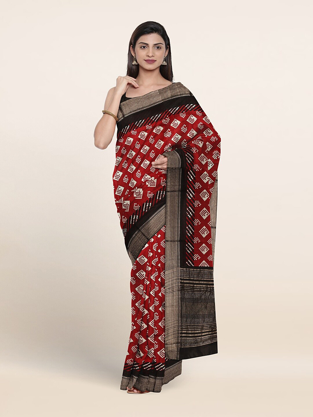 

Pothys Geometric Printed Zari Pure Cotton Saree, Red